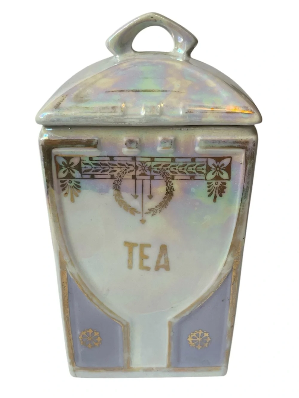 Antique White Block Germany Tea Canister Lid Gold Trim Iridescent Lusterware